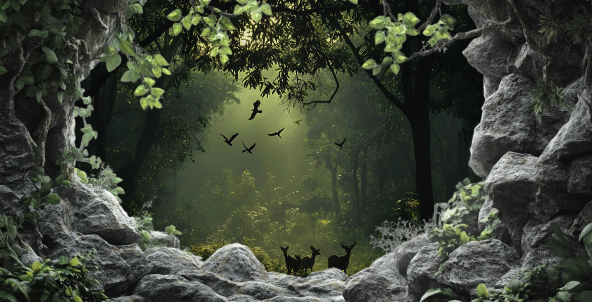 Enchanted green forest within a rocky cave